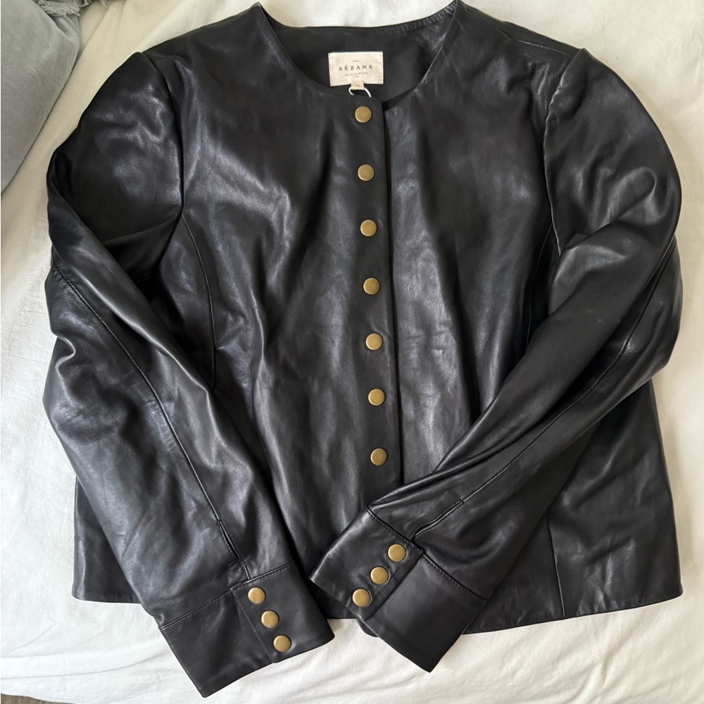 Sezane Black Leather Jacket with Gold Buttons